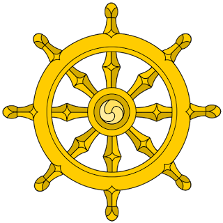 Icon of the wheel of dharma, a golden yellow chariot wheel with eight spokes.